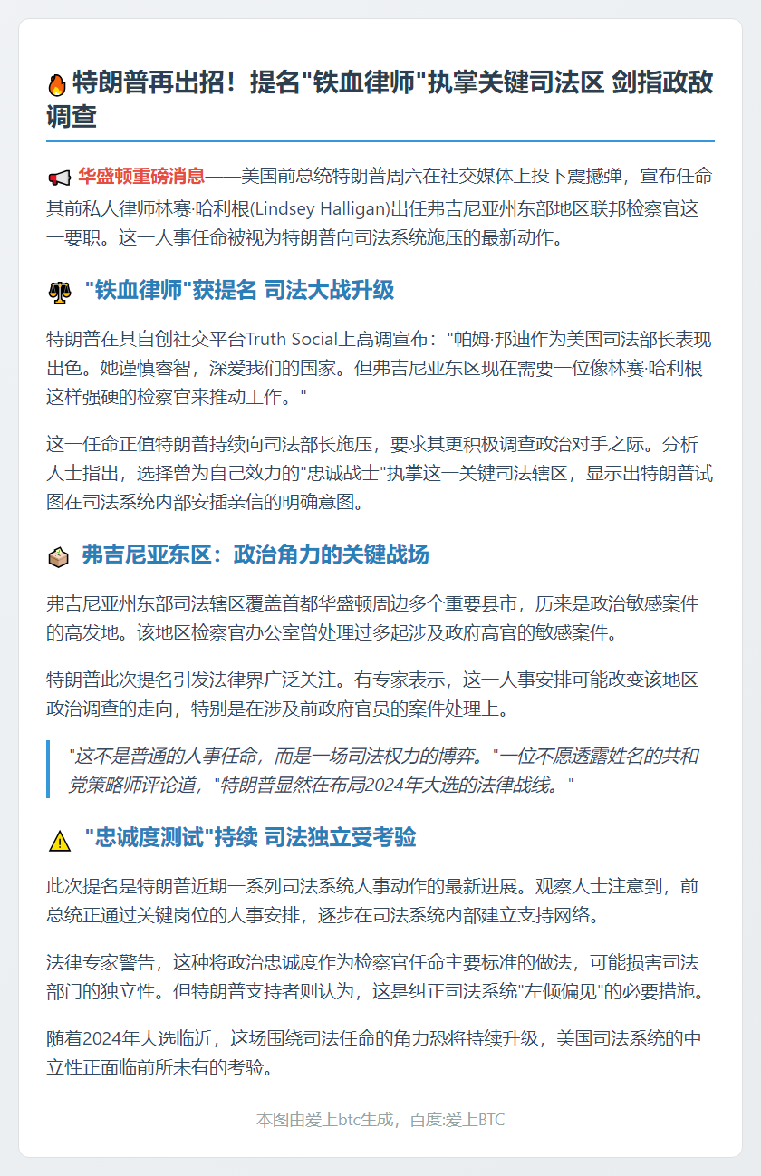 特朗普提名律师任检察官 施压调查政敌