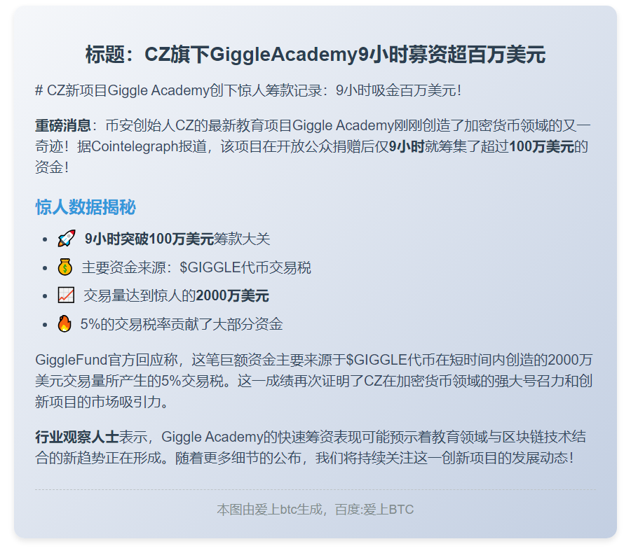 CZ旗下GiggleAcademy9小时募资超百万美元