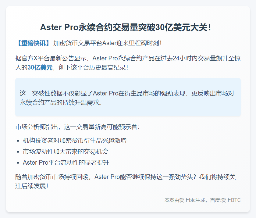 Aster Pro永续合约日交易量破30亿创纪录