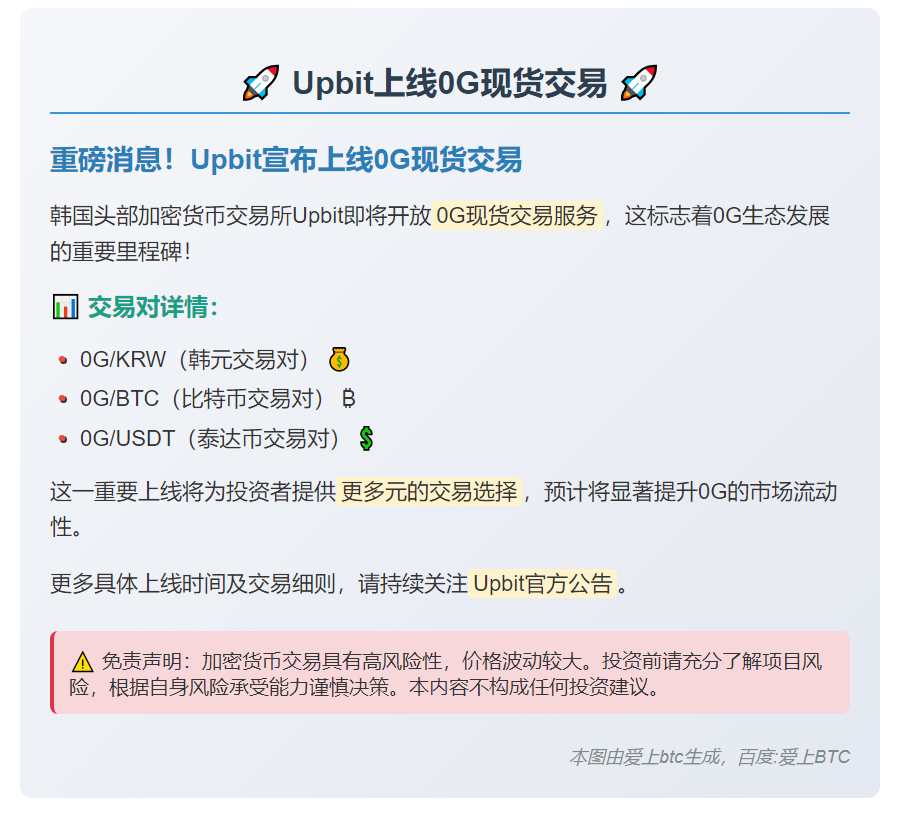 Upbit上线0G现货交易