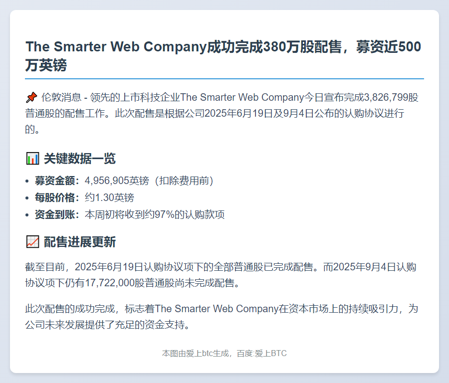 The Smarter Web完成380万股配售