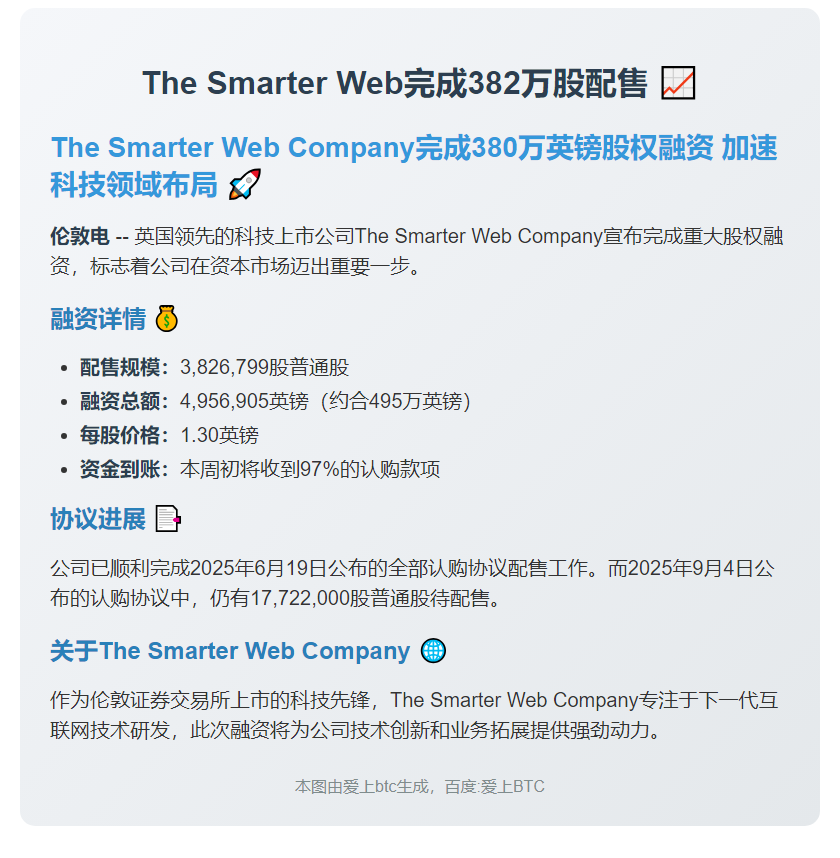 The Smarter Web完成382万股配售