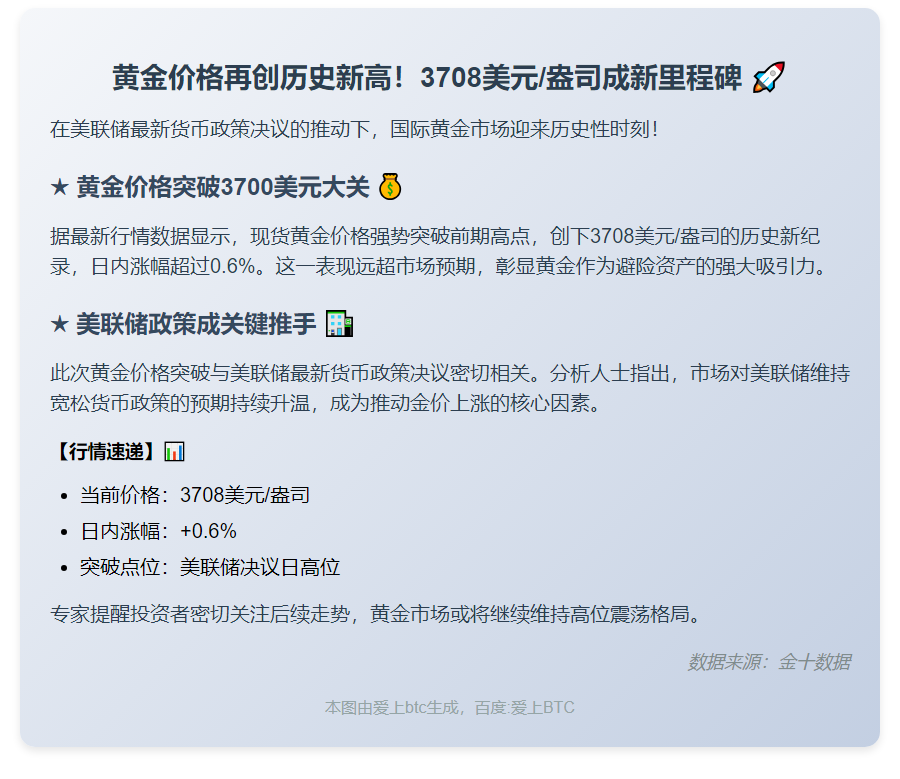 黄金创新高：3708美元/盎司