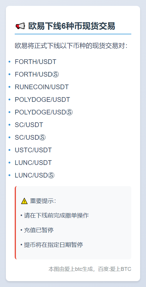 欧易下线6种币现货交易