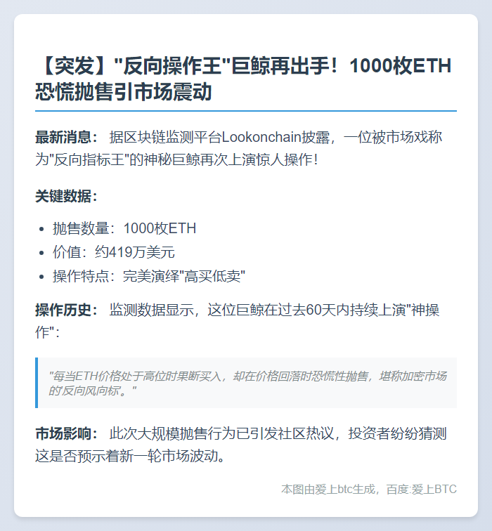 巨鲸恐慌抛售1000枚ETH