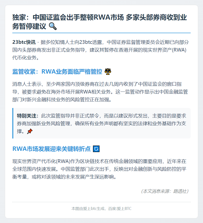 中国证监会建议部分券商暂停香港RWA业务