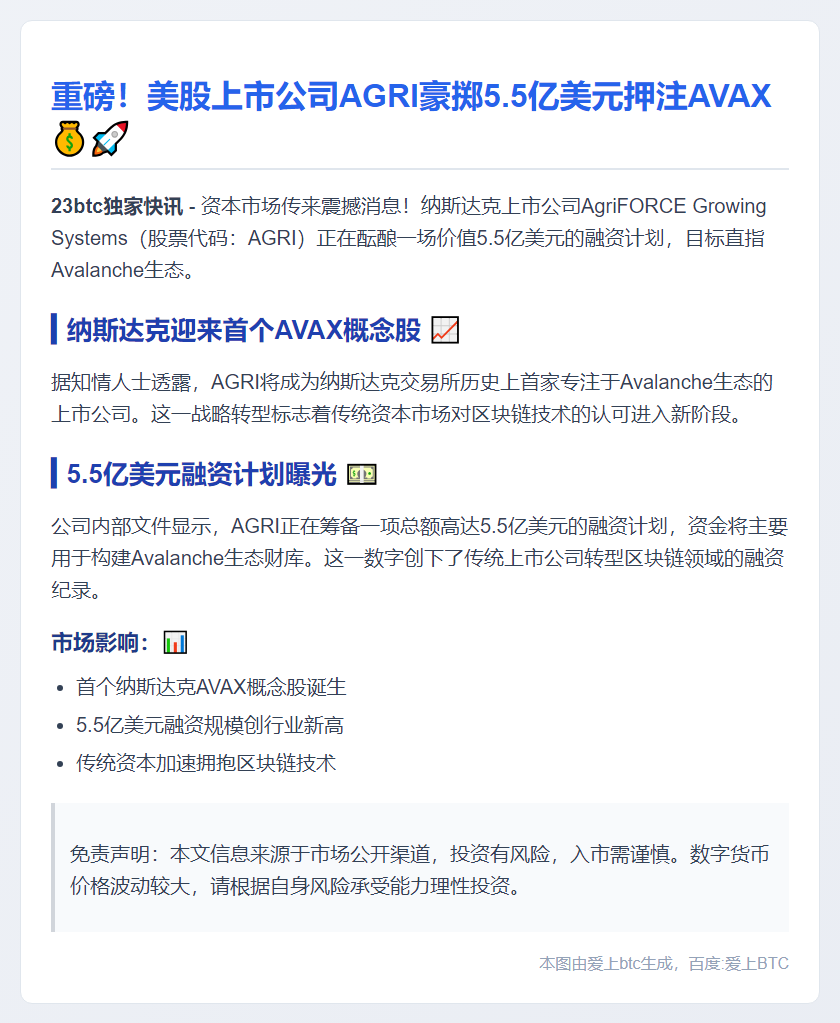 AGRI拟融资5.5亿美元转型AVAX财库