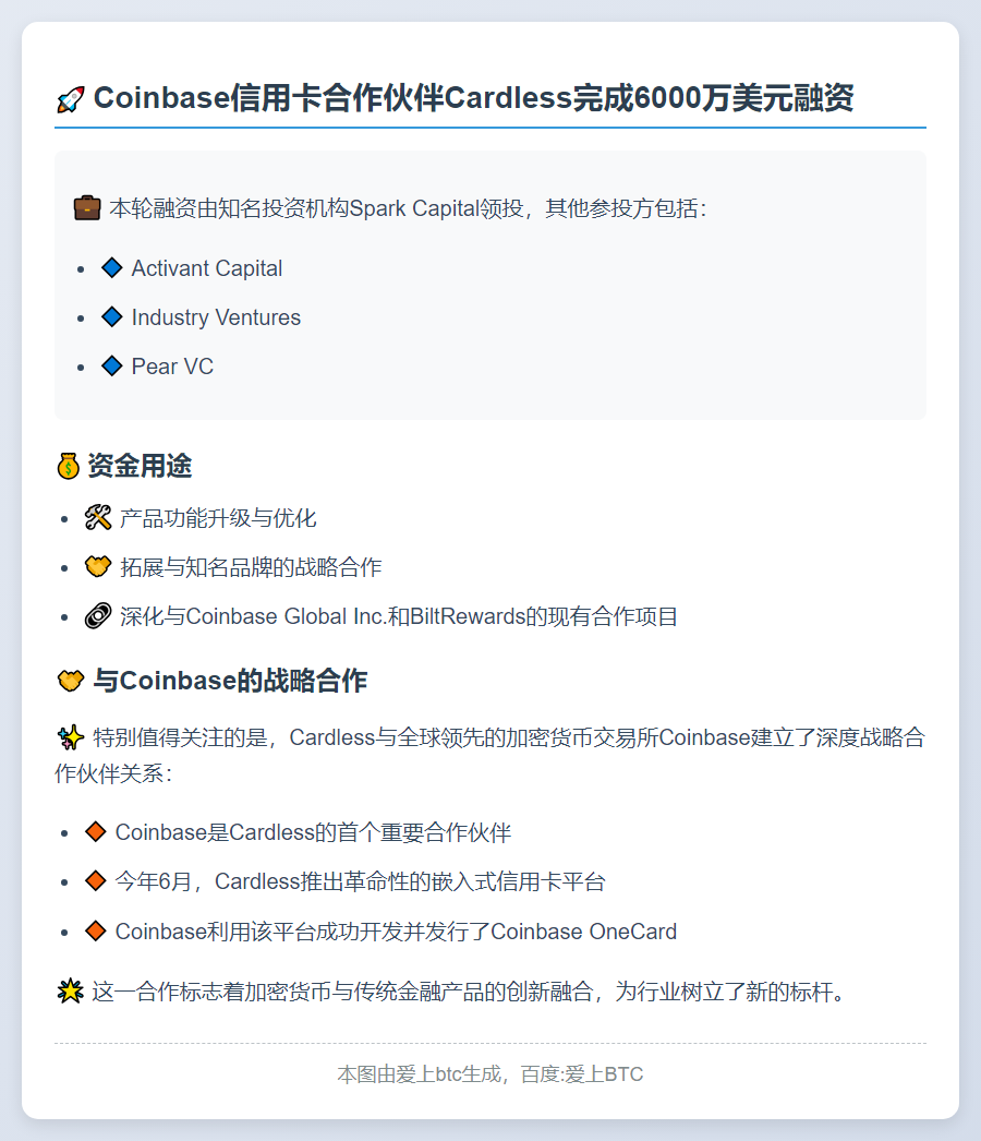 Coinbase合作方Cardless融资6000万美元