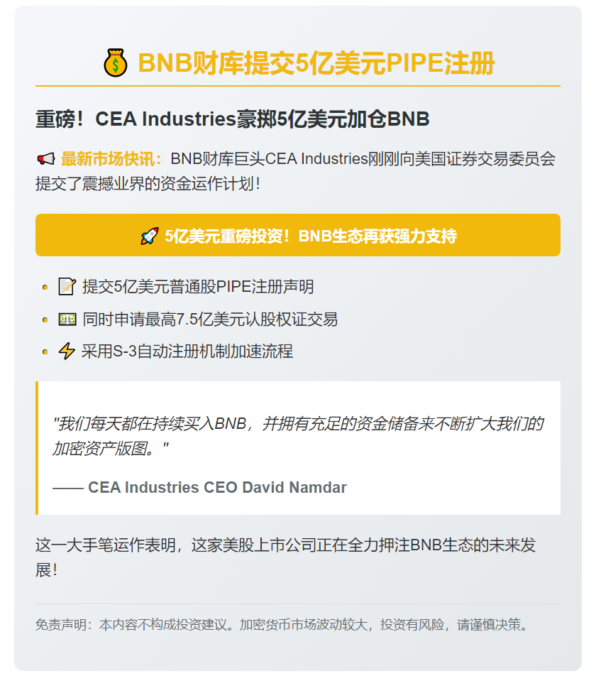 BNB财库提交5亿美元PIPE注册