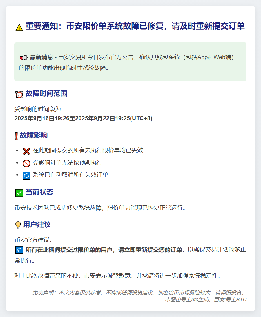 币安：9月16-22日未执行限价单失效
