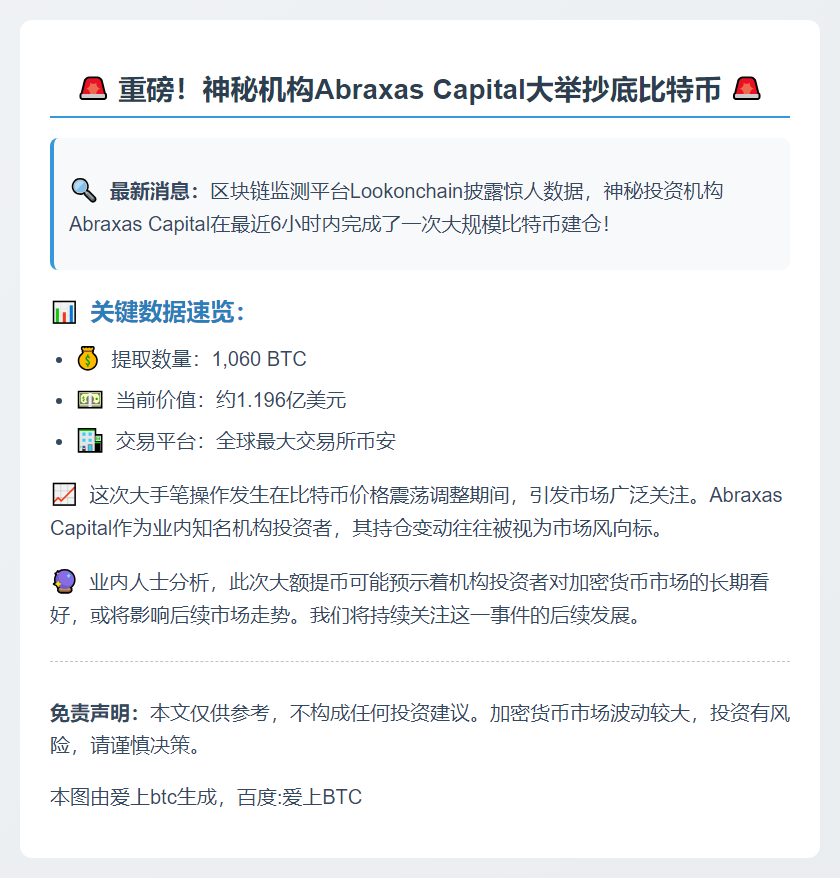 Abraxas Capital提币1060枚比特币