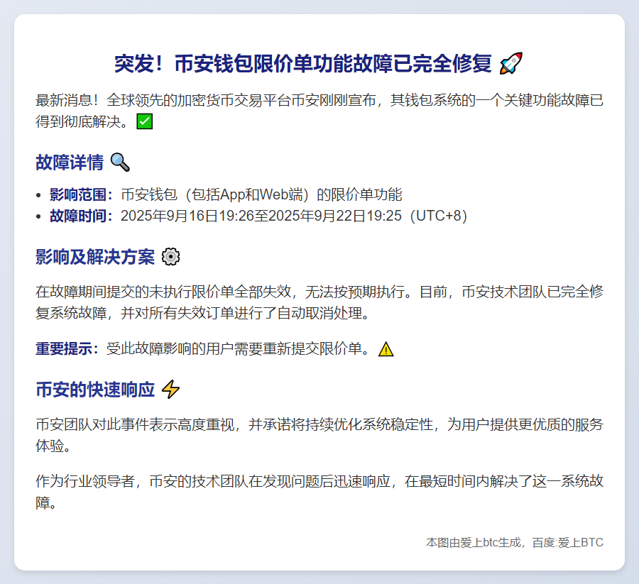 币安修复钱包限价单故障