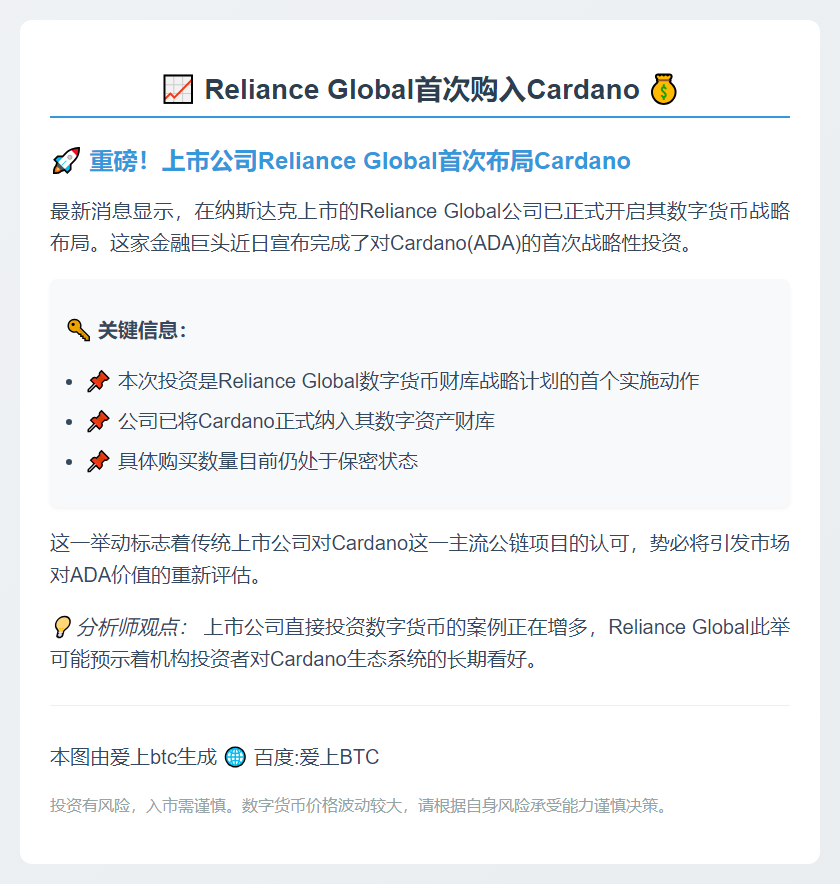 Reliance Global首次购入Cardano