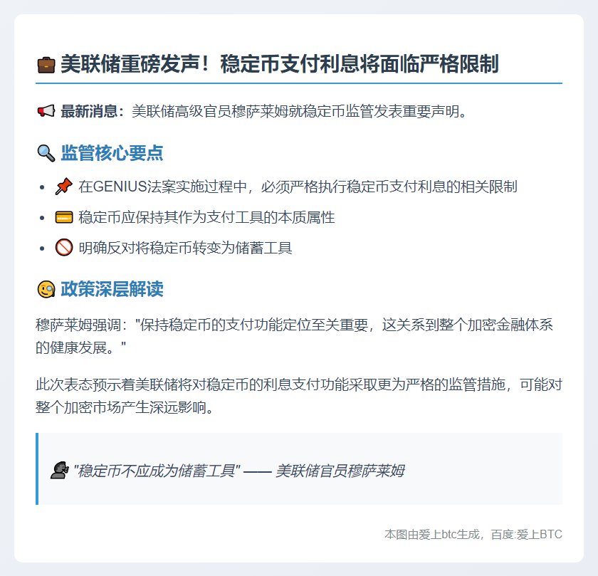 美联储：稳定币付息须受限