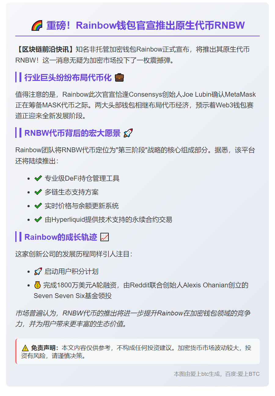 Rainbow四季度将推原生代币RNBW