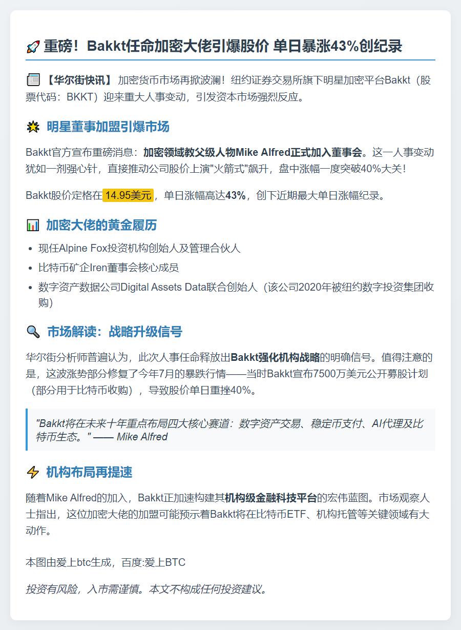 Bakkt新董事上任股价飙升40%