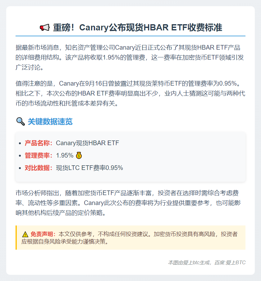 "Canary现货HBAR ETF费用1.95%"
