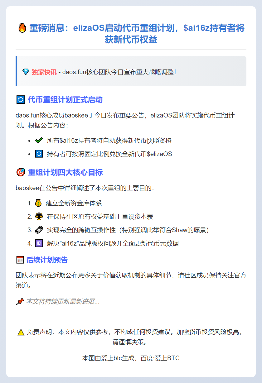 daos.fun重组代币，ai16z持有者可获新代币
