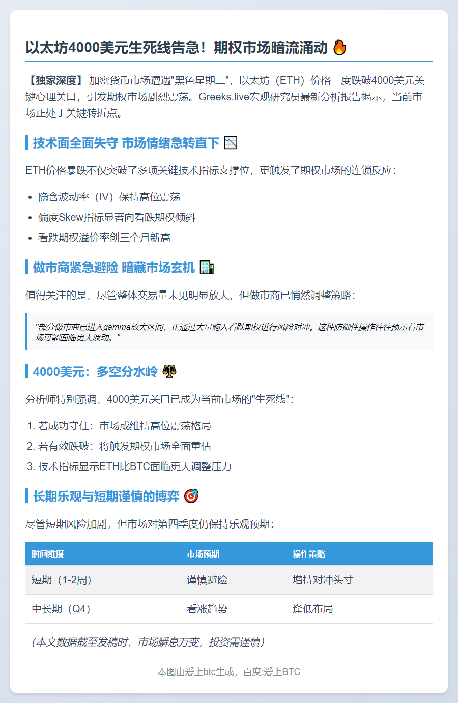 以太坊4000美元失守或引发期权熊市