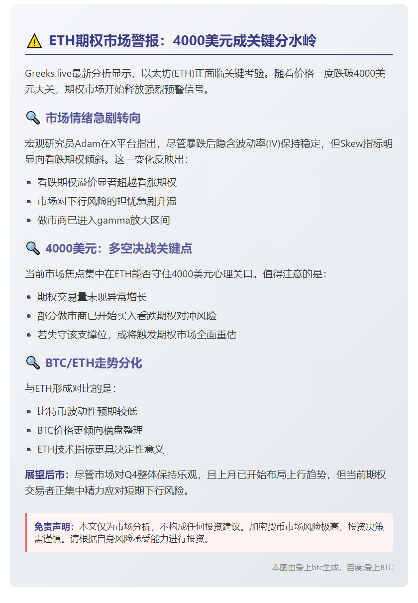 ETH跌破4000美元或引发期权熊市定价