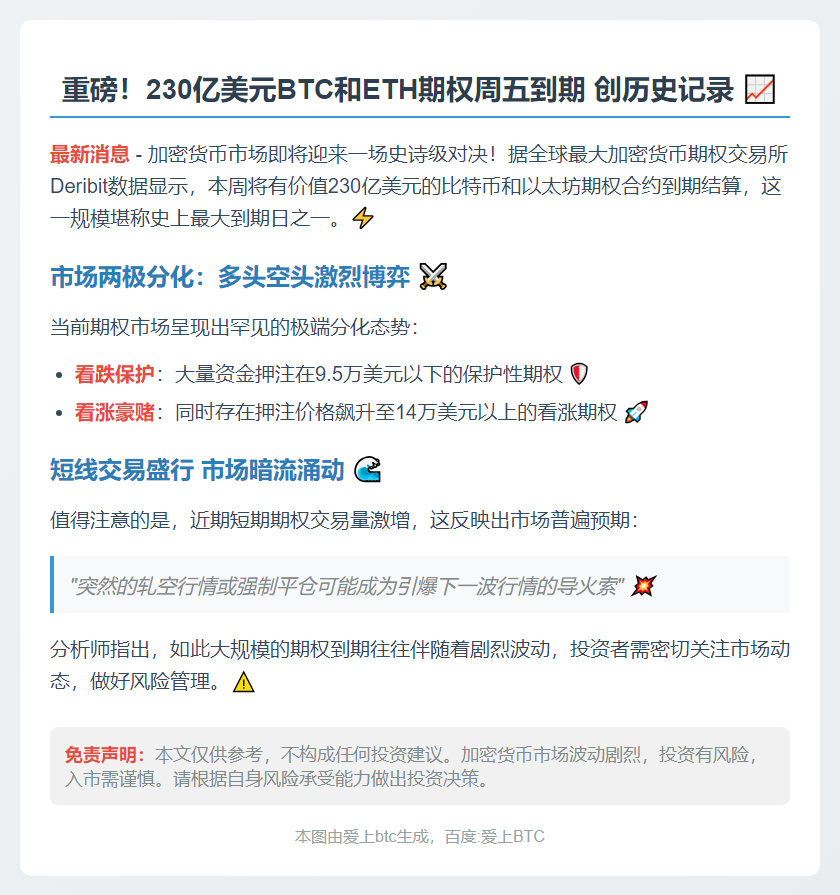 周五230亿美元BTC和ETH期权到期