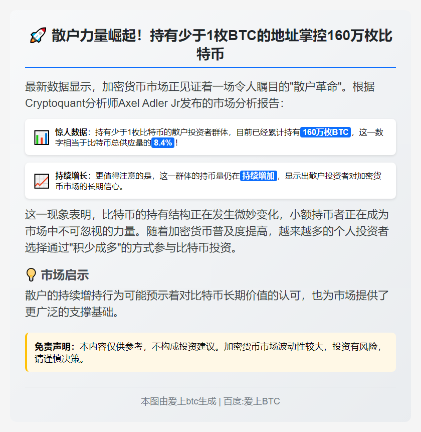 散户持160万枚BTC，占比8.4%
