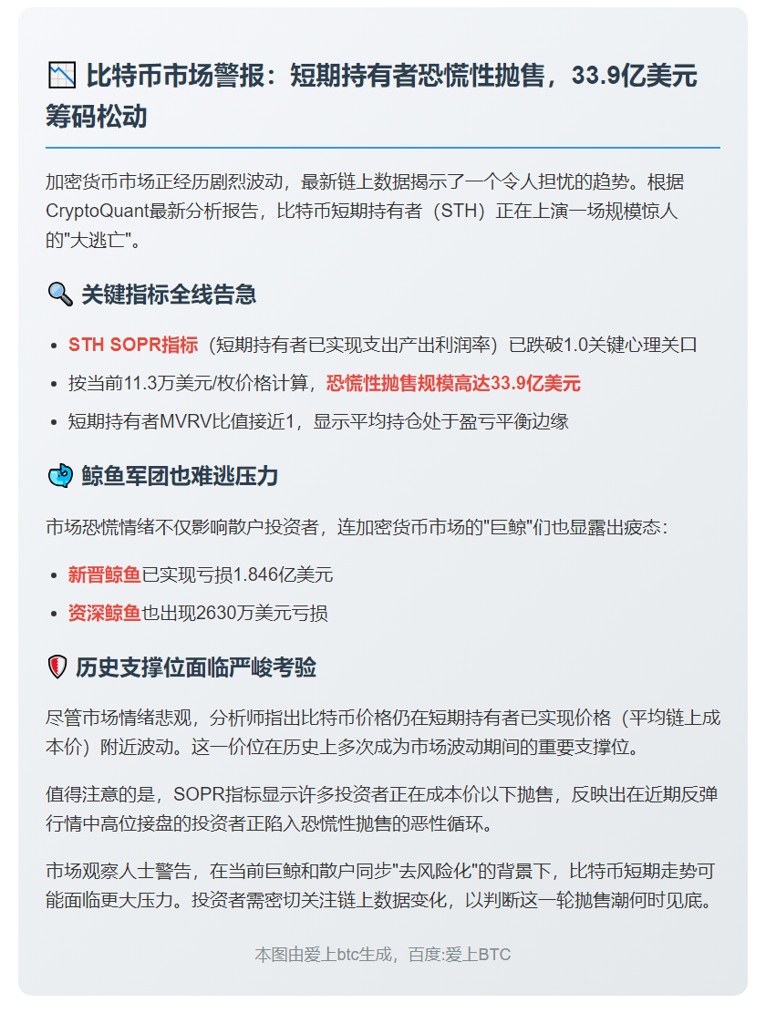 比特币短期持有者恐慌抛售，支撑位受考验