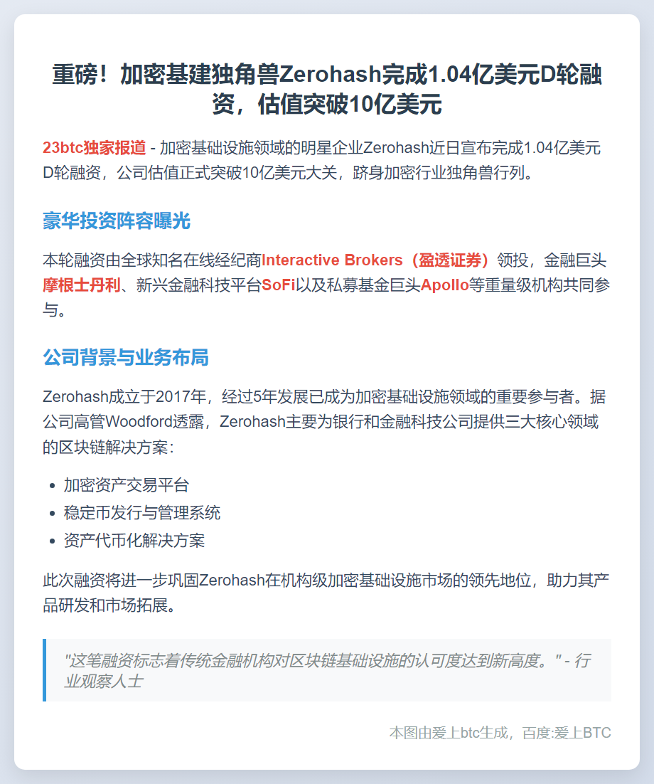 Zerohash 完成 1.04 亿美元 D 轮融资，估值 10 亿美元