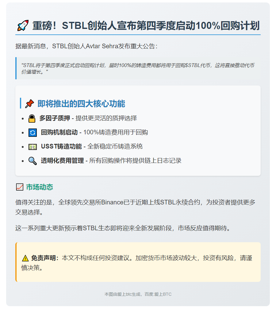 STBL创始人：Q4启动100%回购计划