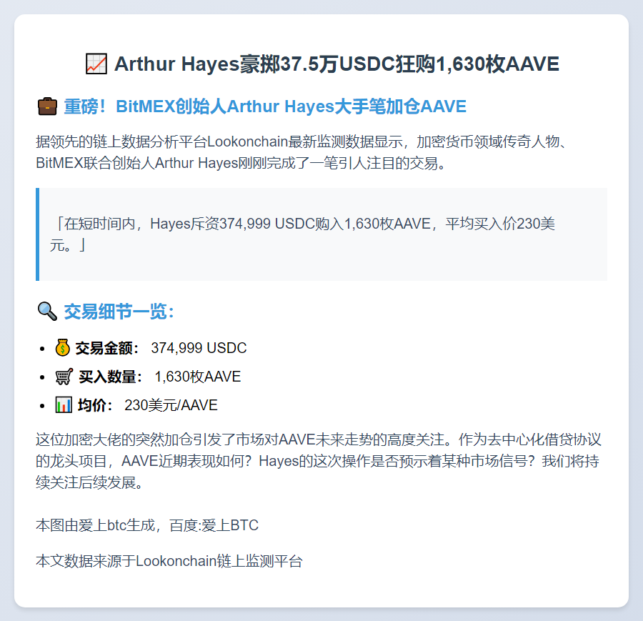 Arthur Hayes豪掷37.5万USDC狂购1,630枚AAVE