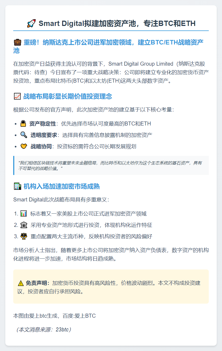 Smart Digital拟建加密资产池，专注BTC和ETH