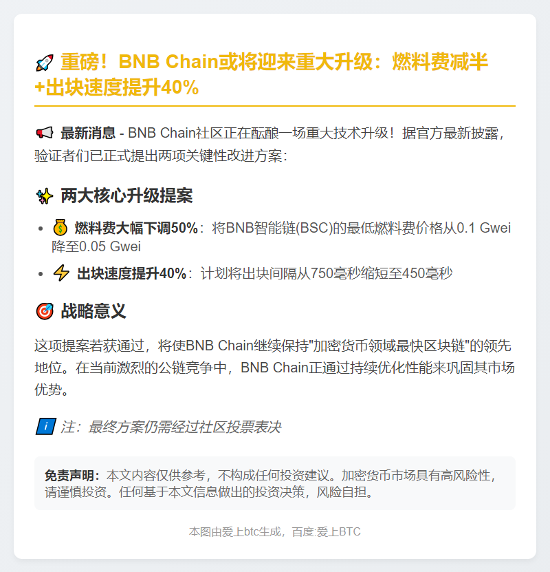 BNB Chain拟减半燃料费并提速出块