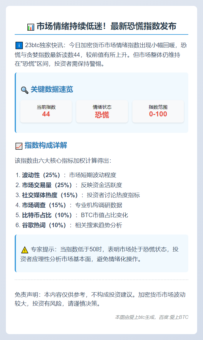 恐慌指数升至44，仍处恐慌
