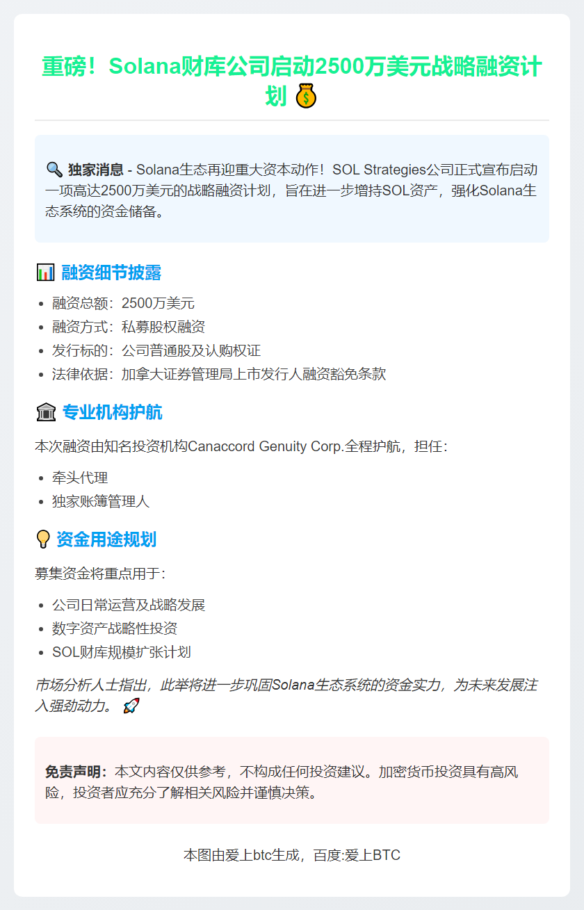 Solana财库拟募资2500万美元增持SOL