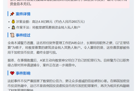 韩教堂会计挪用数亿投资加密货币被捕