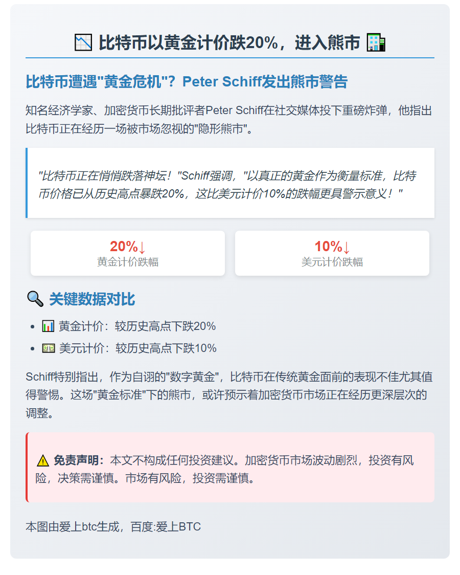 比特币以黄金计价跌20%，进入熊市