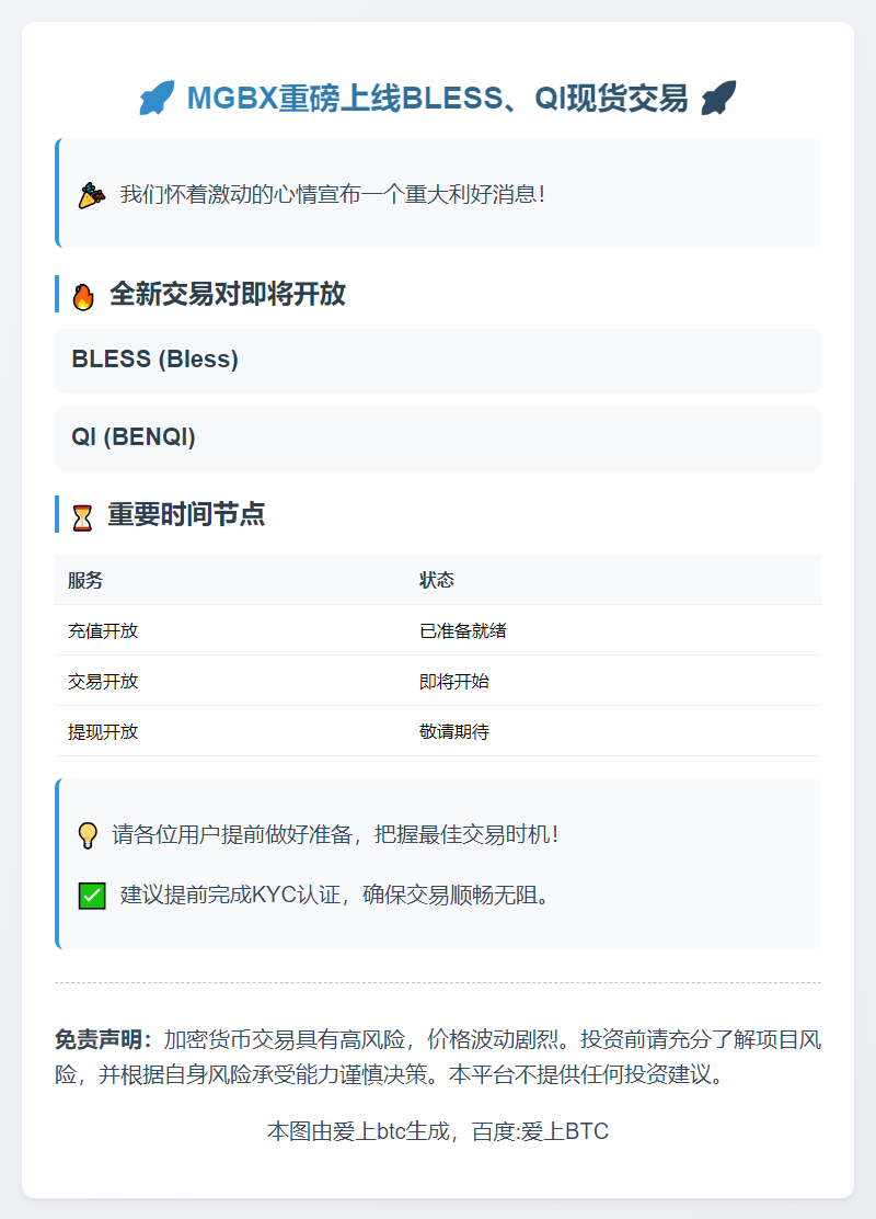 MGBX将于9月24日17:00（SGT）上线BLESS、QI现货交易
