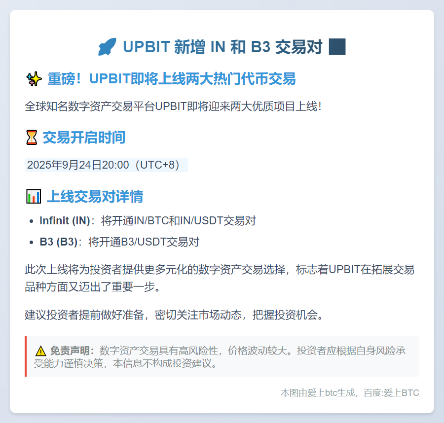 UPBIT 新增 IN 和 B3 交易对