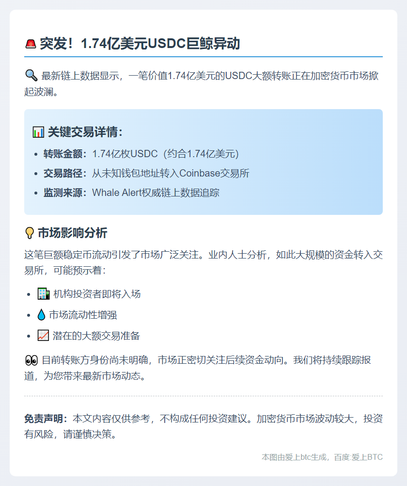 1.74亿枚USDC从未知钱包转移至Coinbase交易所