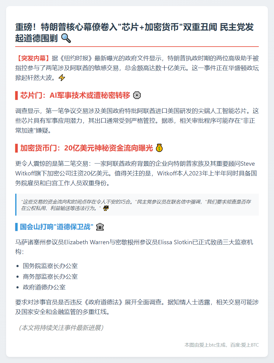 特朗普助手涉加密币与芯片交易遭道德审查