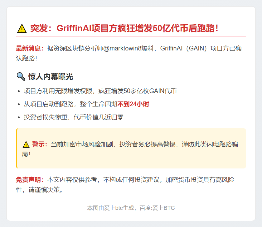 市场消息：GriffinAI项目方增发50多亿枚GAIN，已弃盘