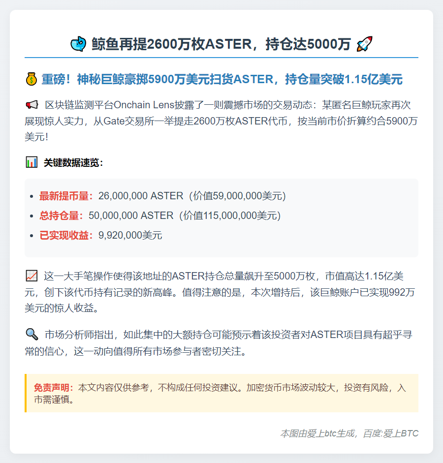 鲸鱼再提2600万枚ASTER，持仓达5000万