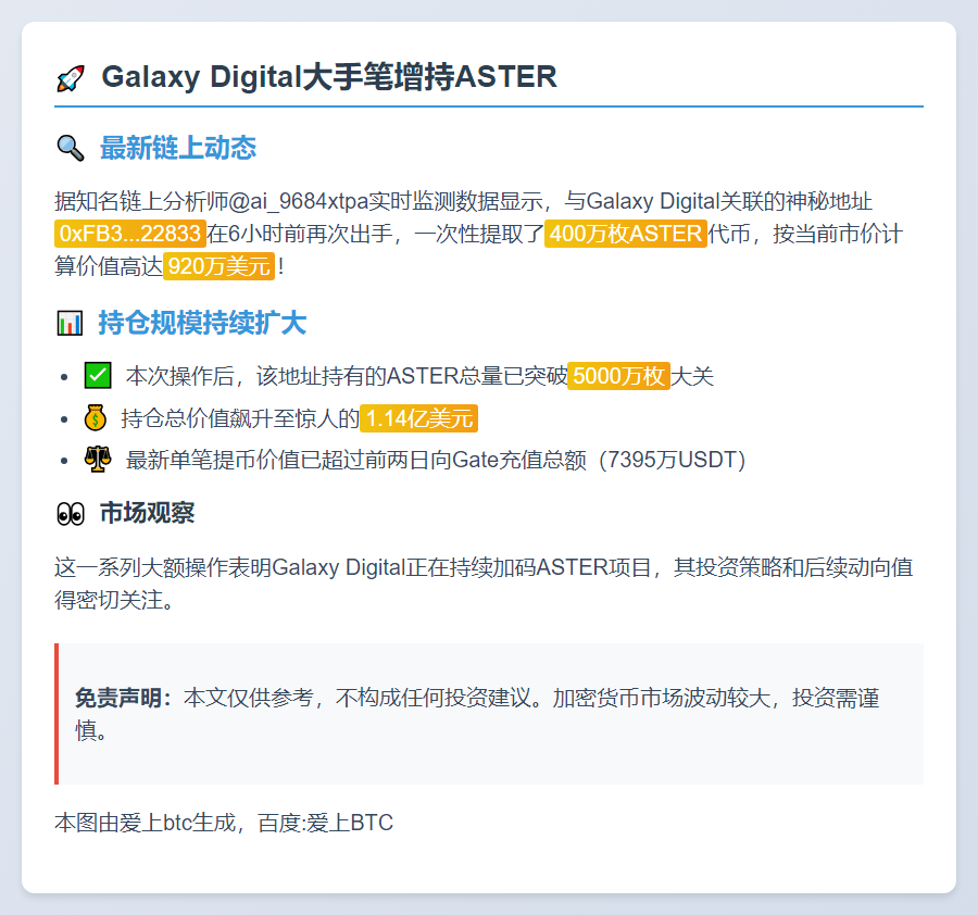 Galaxy Digital增持400万ASTER至5000万枚