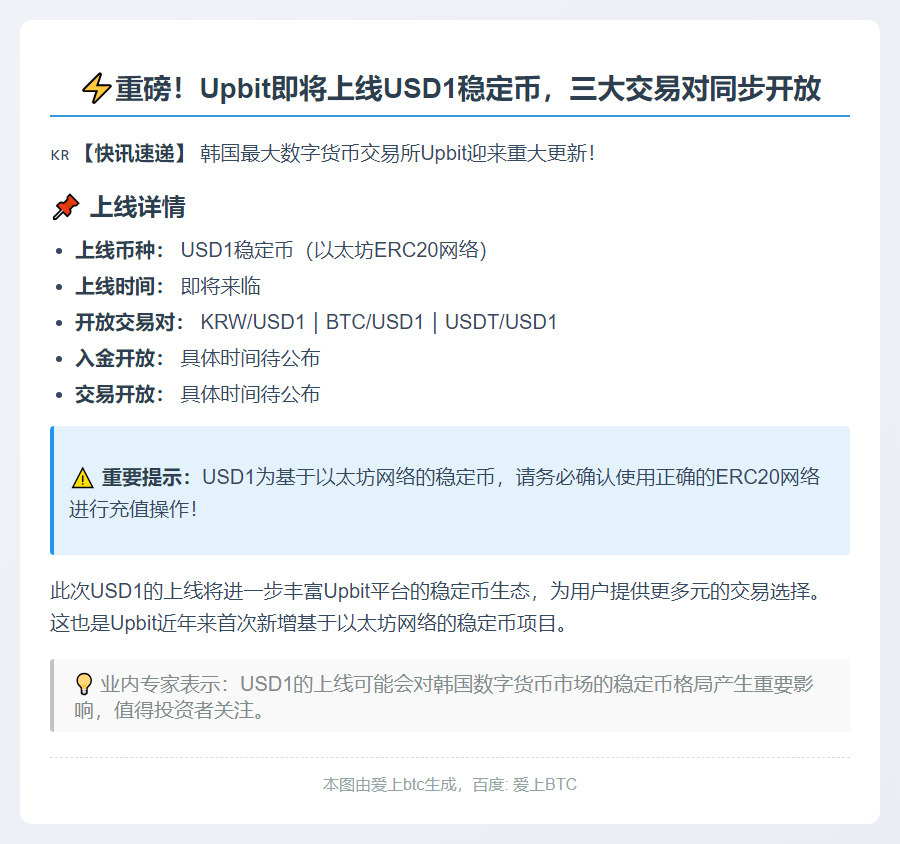 Upbit上线USD1，支持多币种交易