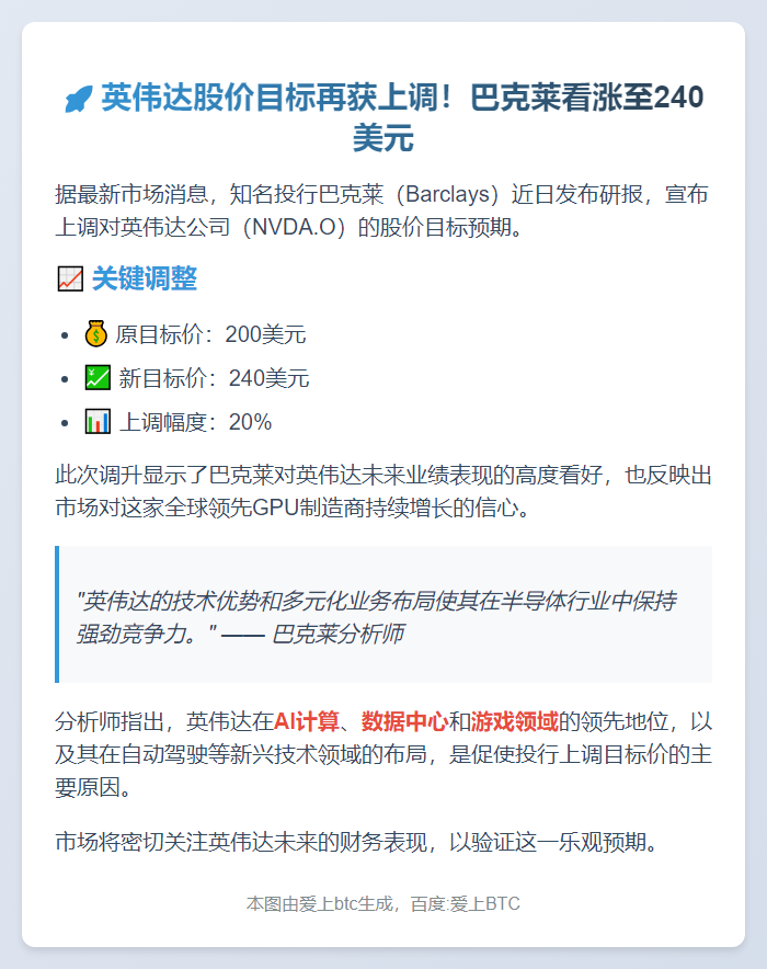 巴克莱上调英伟达目标价至240美元
