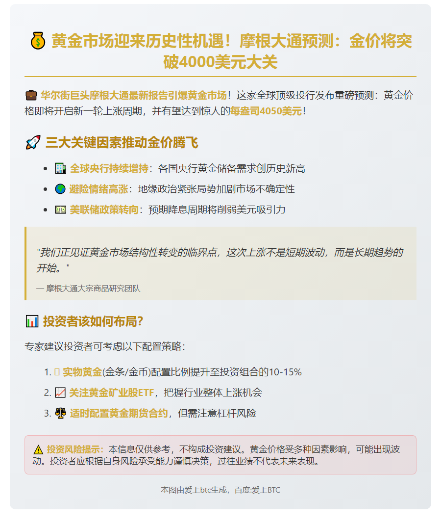 摩根大通：明年金价或破4050美元