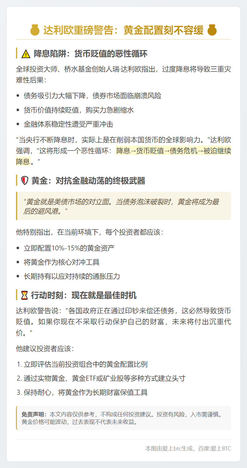 达利欧：过度降息会降低货币吸引力，个人需购置一些黄金对冲风险