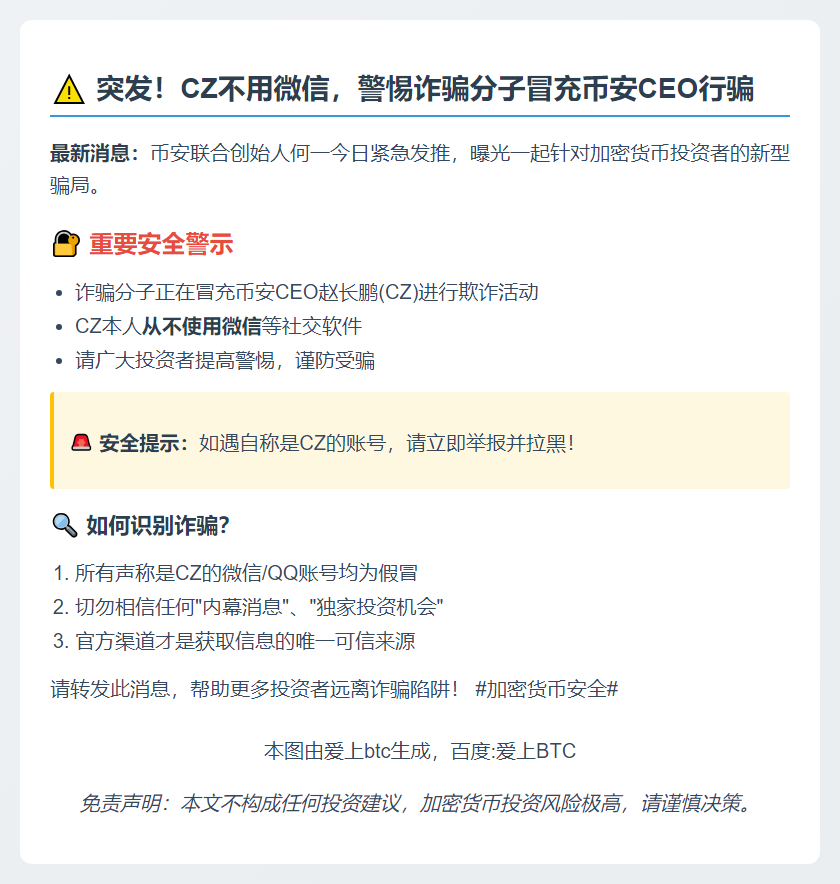 CZ不用微信，警惕冒充骗局