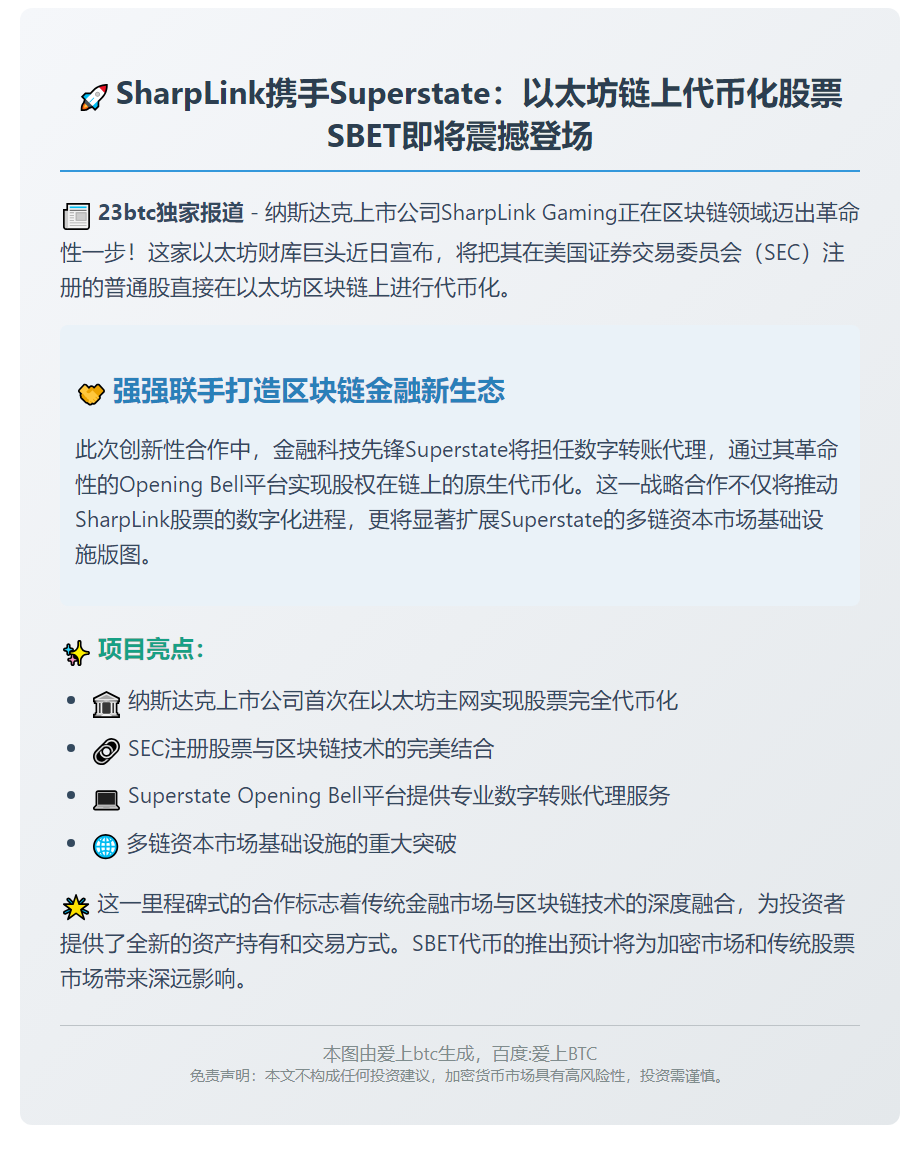 SharpLink与Superstate合作推出以太坊代币化股票SBET