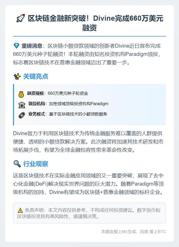 区块链贷款公司Divine获660万美元融资